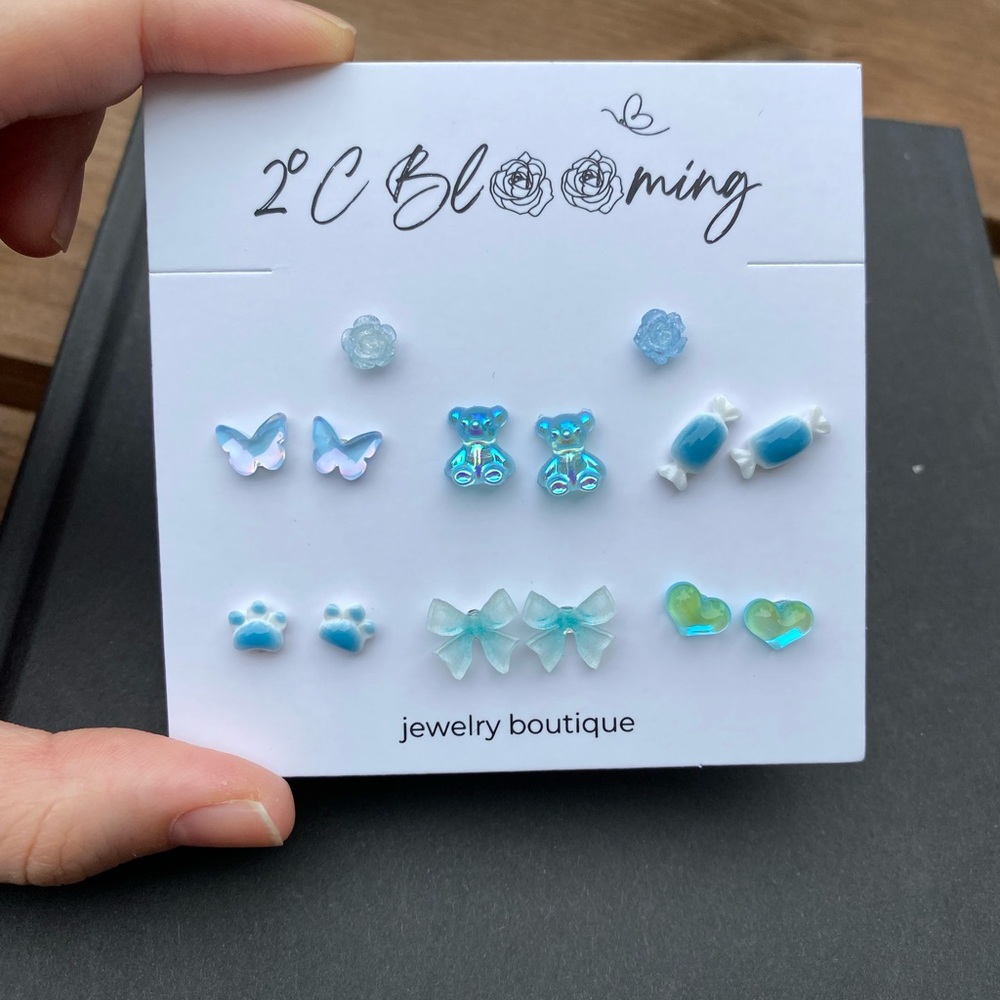 Y2K blue series Translucent anti allergy Stud Earrings Set of 7